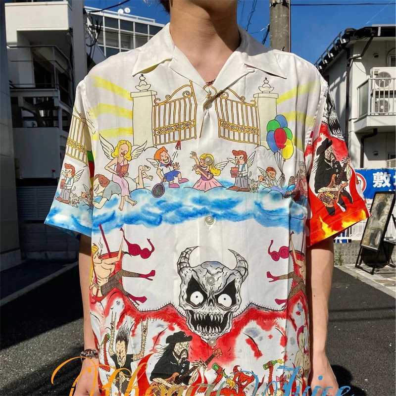 Herren-T-Shirts Wacko Maria Beach Shirt für Männer Spinnennetzmuster Print Sommer Lose lässiger Hawaiianer Kurzarm bester Qualität J240402