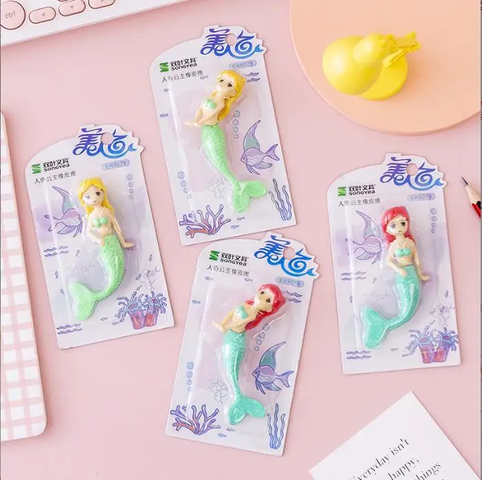 Erasers Kawaii Mermaid Eraser Cute Writing Drawing Rubber Pencil Eraser Stationery For Kids Gifts School Supplies