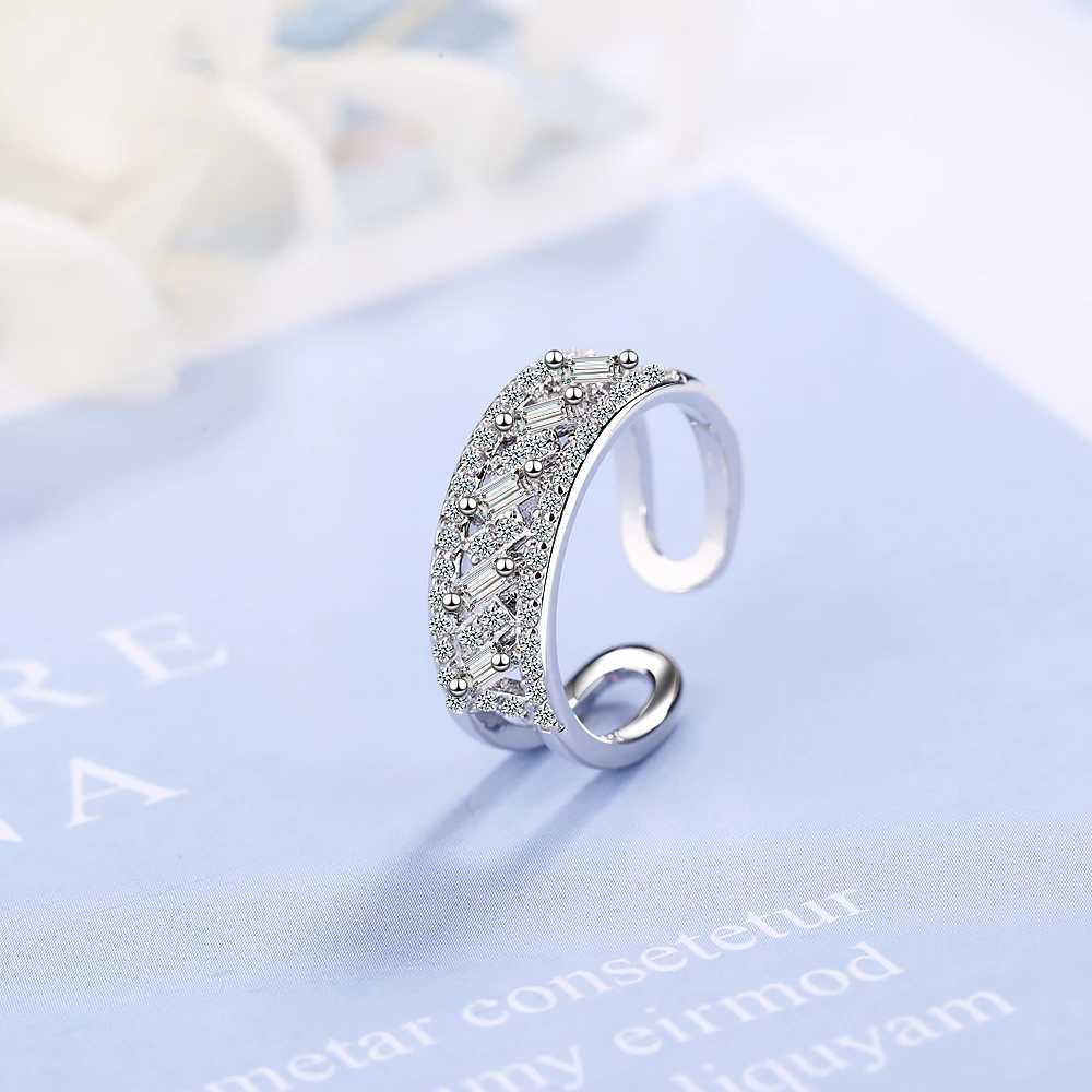 Pierścienie opaski 925 Sterling Srebrny luksusowy cyrkonia krystaliczna podwójna warstwowa pierścień odpowiedni dla kobiet wykwintna biżuteria Otwarta regulowana pierścień palca