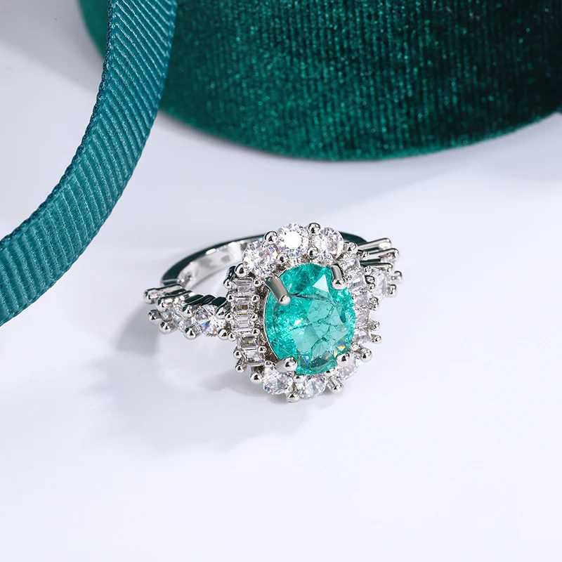 Wedding Rings Exquisite Paraiba Green High Carbon Diamond 925 Sterling Silver Ring for Women Double Crystal Anniversary Gift Party Jewelry