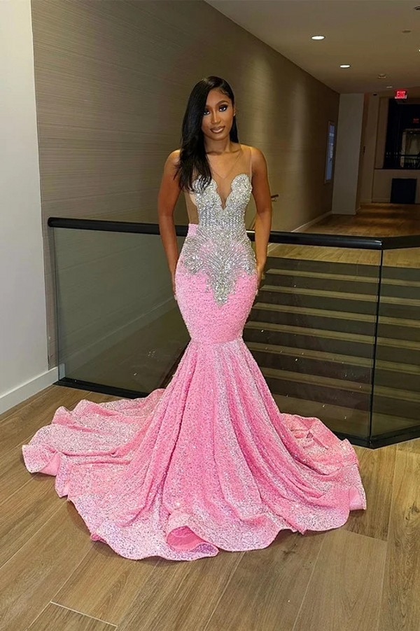 Sparkling Ctysals Rhinestones Pink Mermaid Evening Dresses For African Women Glitter Sequined Slim and Flare Special Occasion Prom Gowns Plus Size Vestidos CL3452