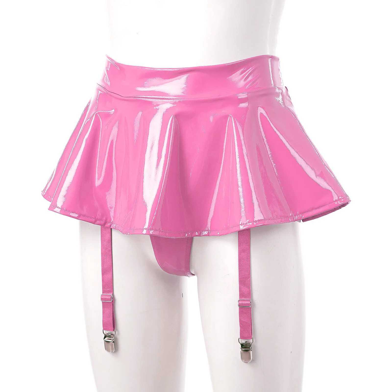 Urban Sexy Dresses Sexy Womens Shorts Miniskirt Wet Look Clubwear Glossy Patent Leather Ruffle Mini Skirt Built-in Thongs Garter Belts Metal Clips 2443