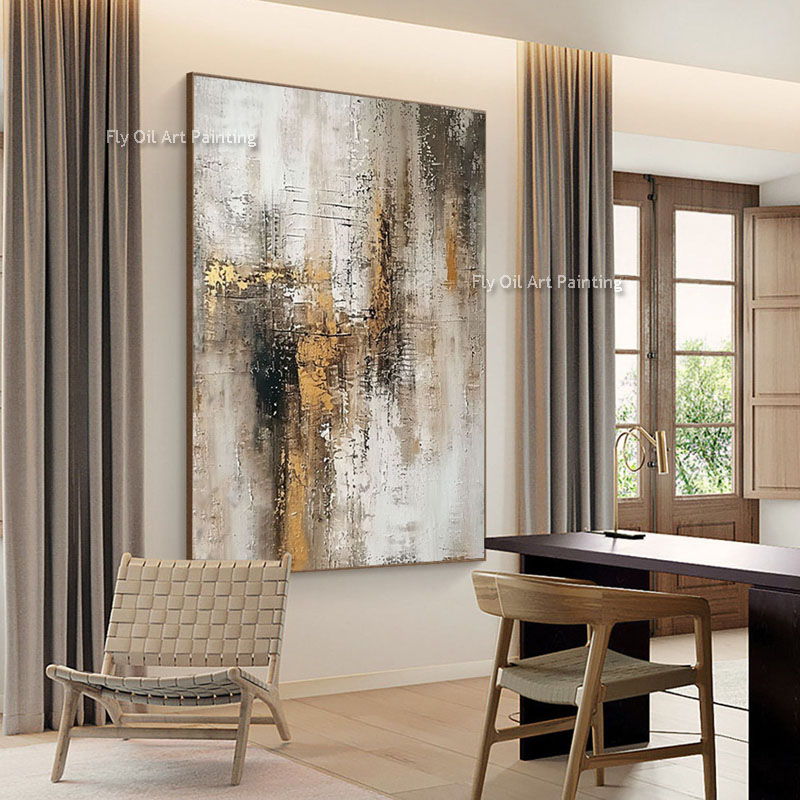 Eigentijdse kunst abstract canvas schilderen grijze gouden olie schilderij hand geschilderde gouden folie schilderijen grote muur kunst abstract wit schilderij voor woonkamer decor