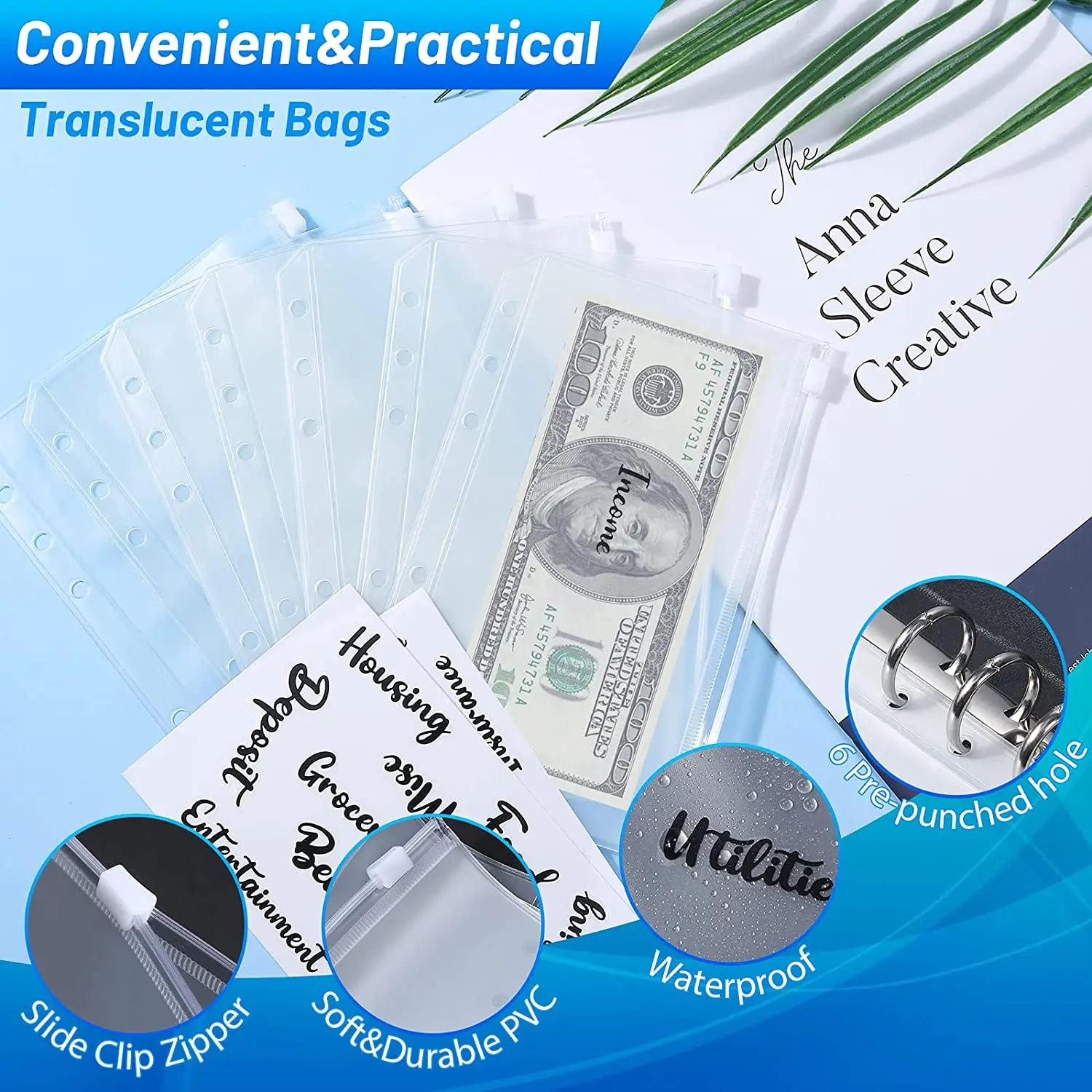 Supplies A6 PU Cuir Budget Binder 6 Ring Money Planner Organizer avec 8 enveloppes en espèces 12 feuilles budgétaires 29 catégories Stickers Letter Stickers