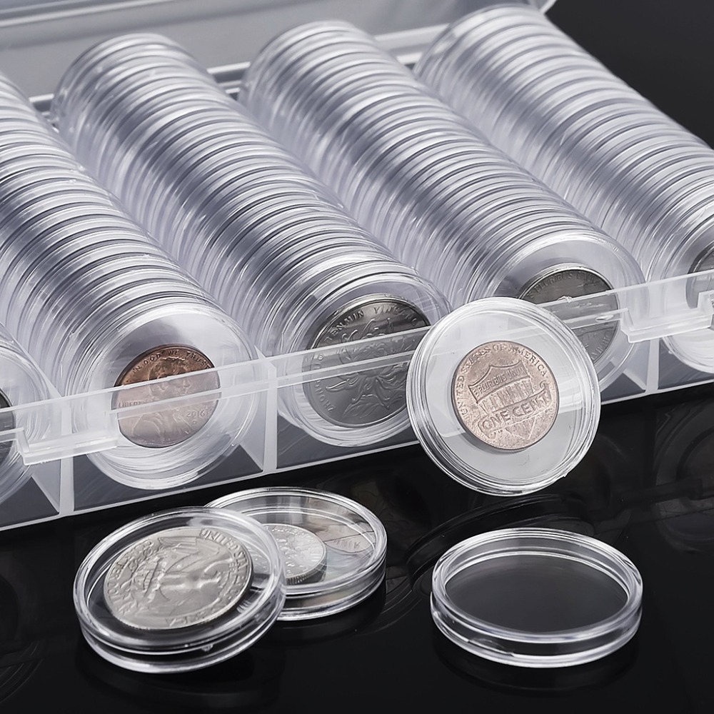 100 szt. Pudełka monety Capsule Capsule Monety Case 32 mm przezroczysty kontener przechowywania przenośny organizator