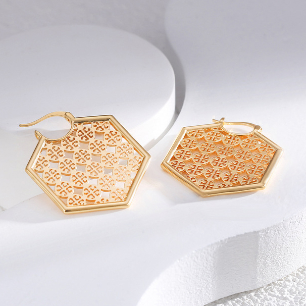 Hexagon Hoop Earrings Metallic Carved Huggie for Women