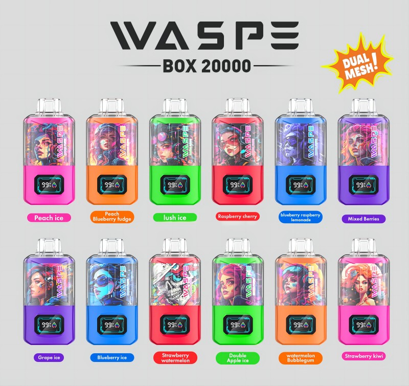 Waspe Box Puff 20000 EタバコキットVaper Bang 20Kパフ使い捨てベイプペンメッシュコイル充電式650mahバッテリー蒸気0％2％3％5％