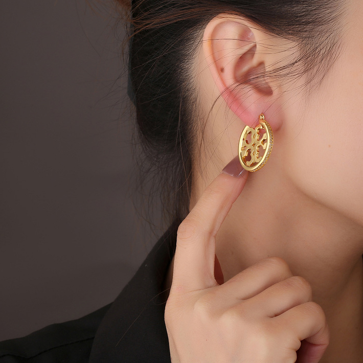 Carved Hoop Earrings with Crystal Paved Metallic Jewelries for Women