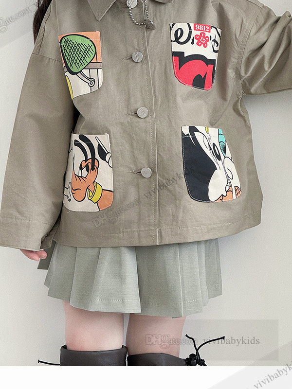 Mode Girls Cartoon Printed Pocket Cargo Trench Coat Kids Lapel Single Breasted Långärmning