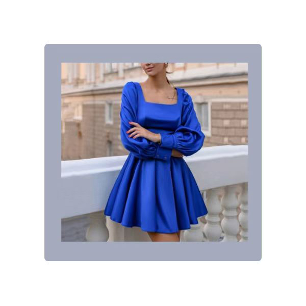 Einfacher quadratischer Nacken Satin Abend Kleider eine Linie knielange blaue Promise formelle Partykleid für Frauen