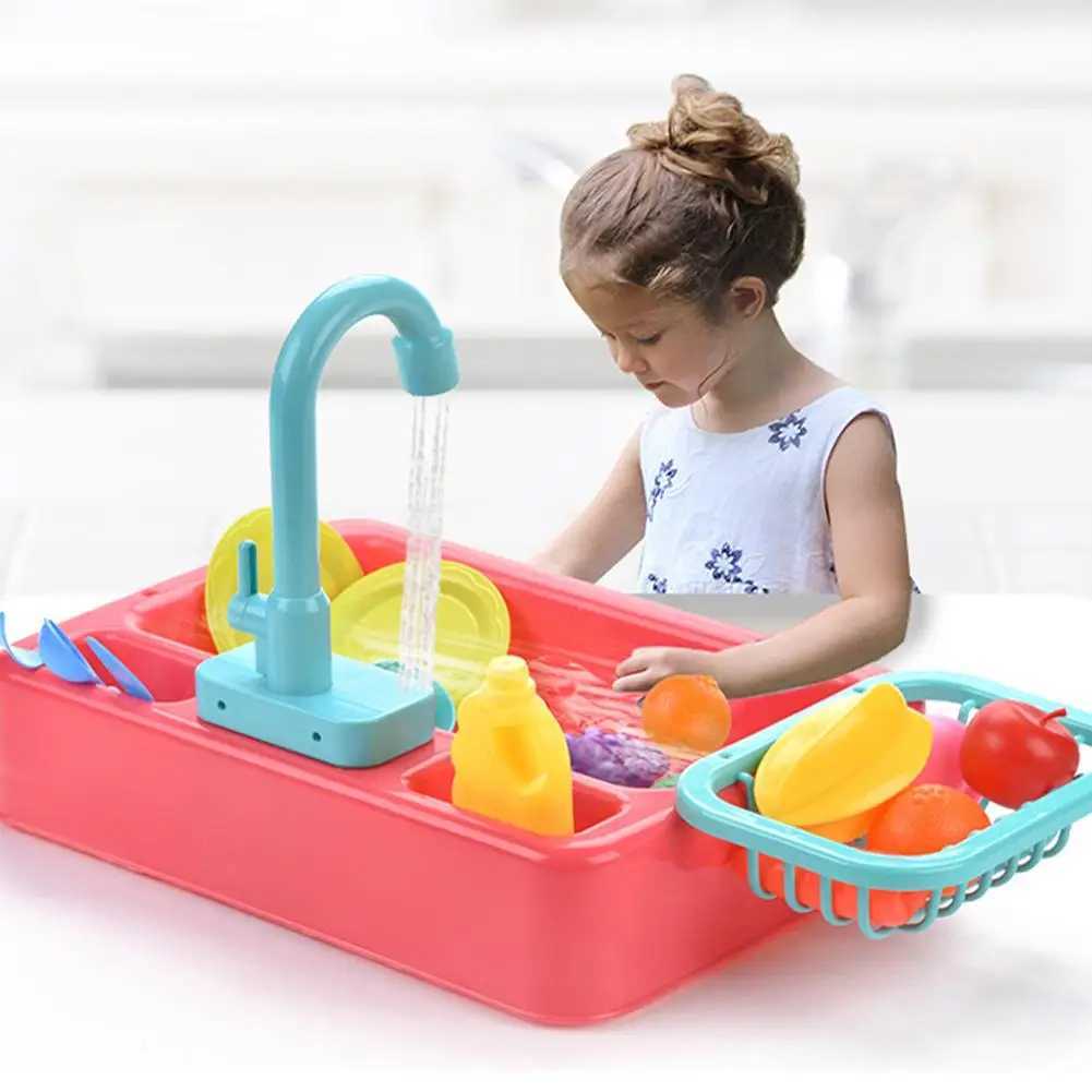 Kitchens Play Food Cute Kitchen Sink Toys Automatic Water Cycle System Play House Pretend Dishwasher Toy Role Play Toys For Girls Boys 2443