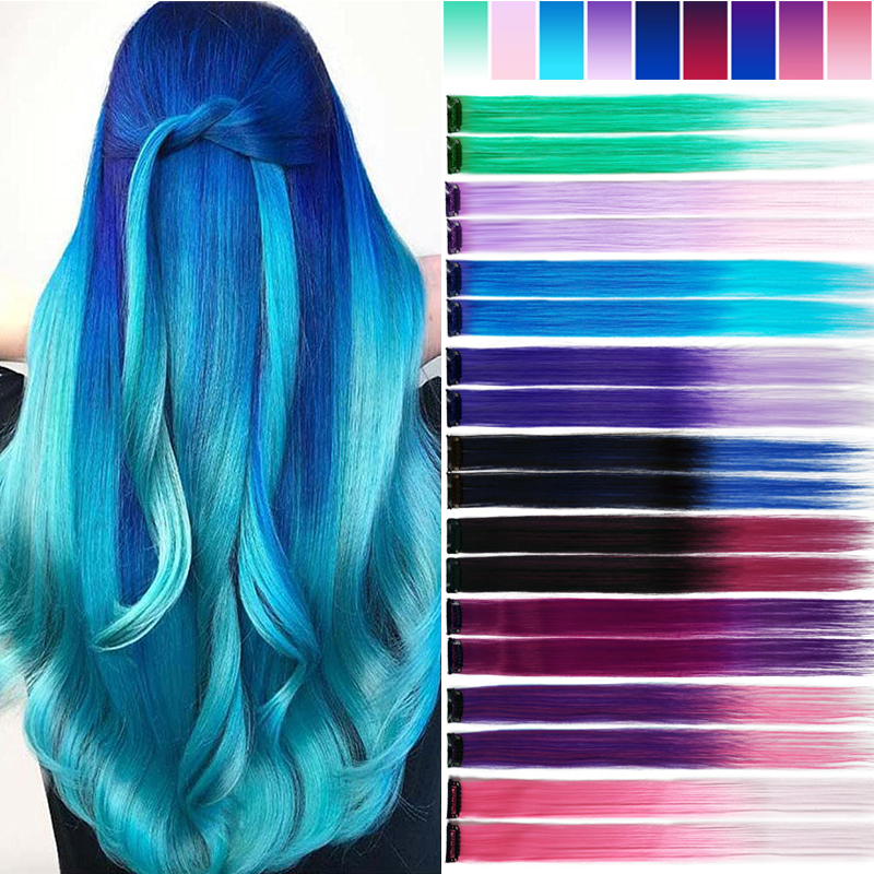 18 Clip ombre synthétique coloré dans les cheveux One Piece Long Long Raide Rainbow 22 pouces Party Highlights Extensions for Women Kids Girls