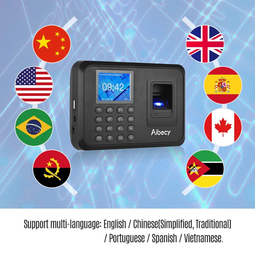 Enregistrement AIBECY Biométrique Empreinte de mot de passe de mot de passe Machine de fréquentation du mot de travail avec un temps de gestion des employés de 2,4 pouces à l'écran LCD