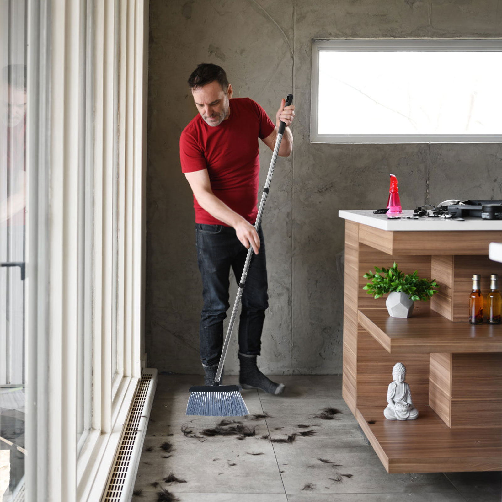 Bezem en dumper ingesteld met lange handgreep draagbare Dustpan bezem combo herbruikbare veger Dustpan set met kamtanden 180 ° roteerbaar