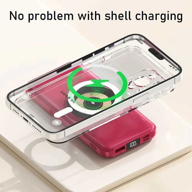 Cell Phone Power Banks New Wireless Power Bank 200000mAh Fast Magnetic Suction Portable Built-in Cable Three in One Durable Mobile Power Supply 2443