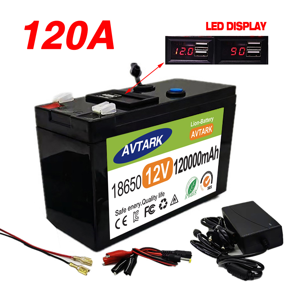 2023 Uppgraderad LifePo4 Litiumbatteri 12V 120AH Portabelt laddningsbart batteri Inbyggt 5V 2.1A USB Power Display Port laddning
