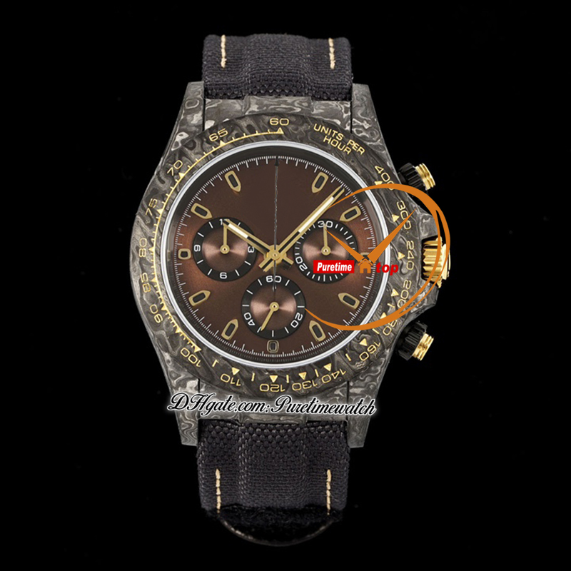 DIW Carbon SA4130 Chronographe Automatic Mens Watch N6F V2 Black Brown Bear Dial Nylon Strap Super Edition Même carte de série PureTime Reloj Hombre Montre Ptrx