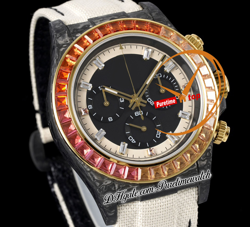 Diw Rainbow Sunray Carbon A4130 Automatisk kronograf MENS Titta på Diwf Black Diamonds Dial White Nylon Strap Super Edition Samma seriekort PURETIME RELOJ PTRX