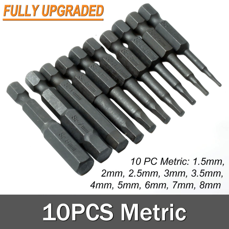 10 st SAE/Metric Hex Head Allen Wrench Borr Bit Set 1/4 