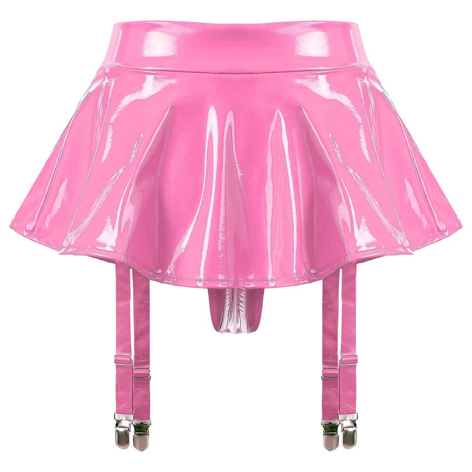 Urban Sexy Dresses Womens Glossy Patent Leather Ruffle Mini Skirt Built-in Thongs Garter Belts Metal Clips Shorts Miniskirt Wet Look Rave Clubwear 2443