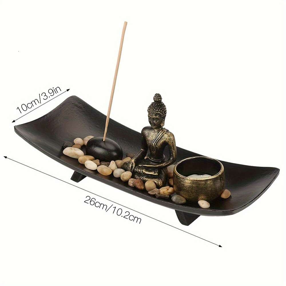 1 Sätt ljusets rökelsepinne i Zen Garden Tray Natural Stone Rocks, Tea Light Holder och Mini Staty - Meditation Spiritual Gift, Home Decor Office Table Top