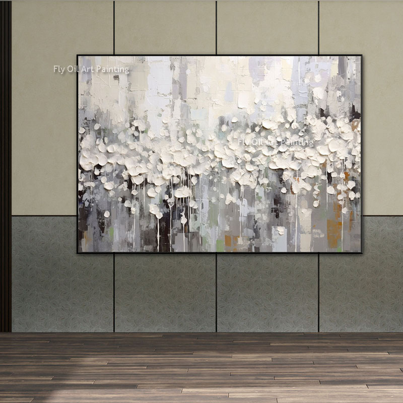 White Cherry Flower Oil Painting Large Wall Art Palette Knife Canvas Painting Beige Textured Art Painting Flower Painting On Canvas Handmade Art For Decor