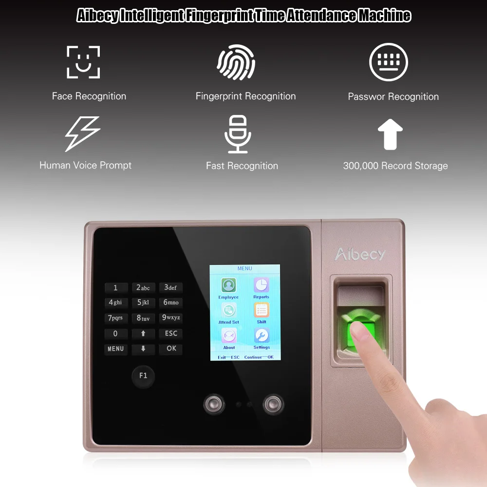 تسجيل Aibecy Multilanguage Biometric Photesrint Machine مع شاشة عرض شاشة HD وجه كلمة مرور للمكتب