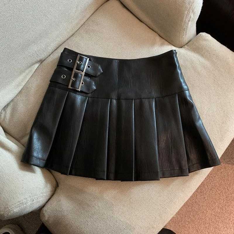 Urban Sexy Dresses S-3Xl Y2K Pu Leather Mini Skirt Women Vintage High Waist Pleated Skirts Streetwear Korean Black Slim Casual A Line Skirts New 2443