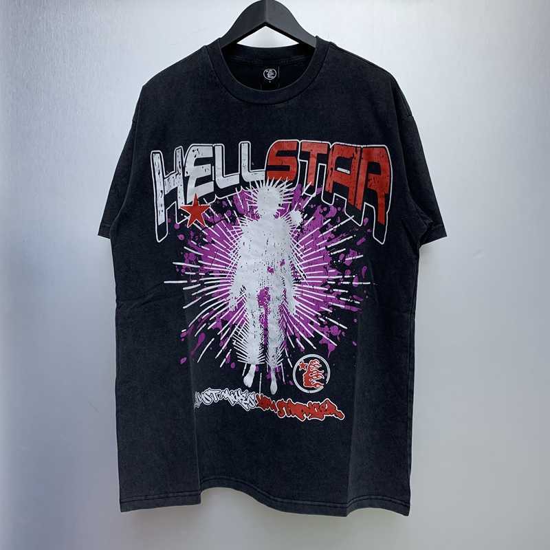 Hells Star American Trendy Brand lavou a velha camiseta casual de mangas curtas soltas para homens e mulheres verão