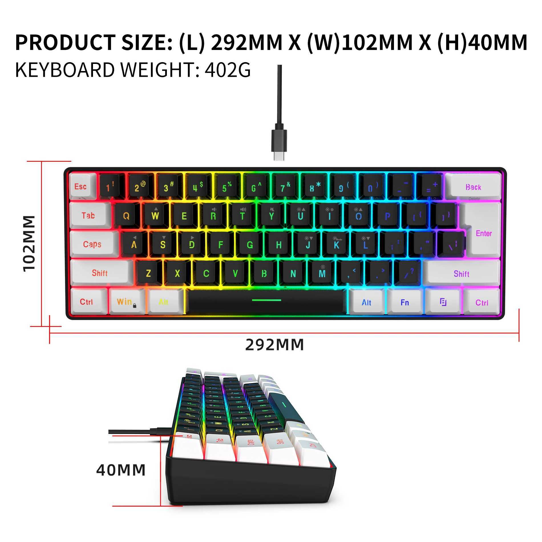 Клавиатуры 61Keys Wired Black Black Keyboard RGB Gaming Programmable Mouse Office Kit Kit Barelight Клавиатура и комбинации мыши для PubG Gamerl2404