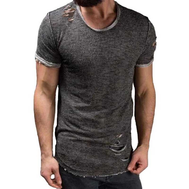 Herr t-shirts plus storlek 4xl sommar streetwear hole t skjortor män avslappnad kort ärm solida män t shirt smal fit tee shirt homme nya män kläder 2443