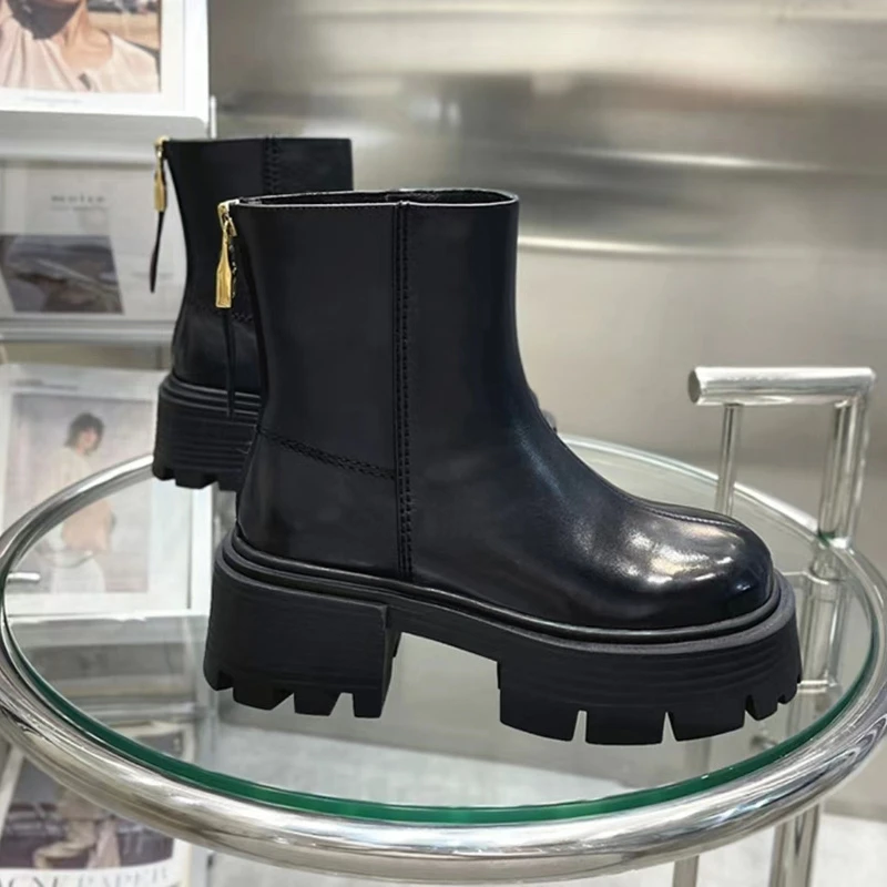 Boots 2022 Merkontwerp enkelschoenen voor vrouwen glijden op zwart lederen platform laarzen vrouwen dikke hiel dames chelsea laarzen winterschoenen