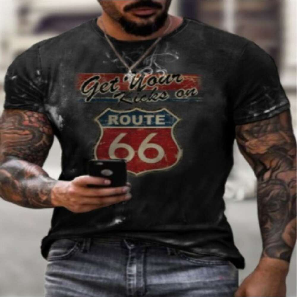 Verão Nova Rota 66 3D Digital Print Street Hip Hop Style Slim Fit Pullover Men's T-Shirt