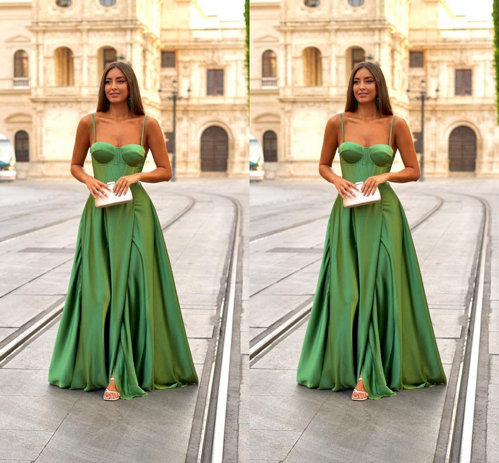 Vestidos de noite de tamanho verde elegante para mulheres, manchas de espaguete de luta com as flechas de cetim preços de cetim de cetim Brithday Prom Especial Ocasião Vestido Partem