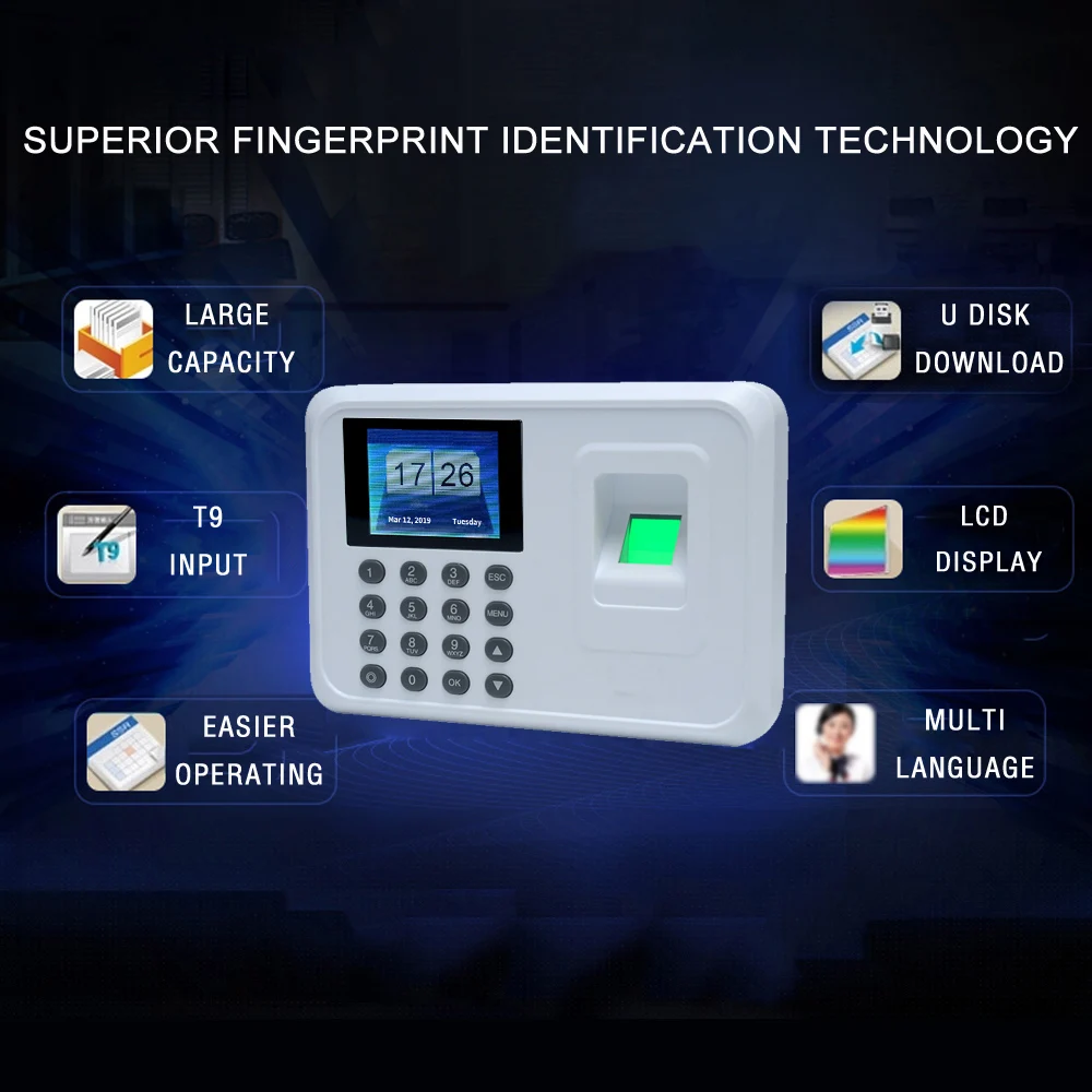 Inspelning A5 2.4in TFT Biometrisk fingeravtryck Tid närvaro System Klockinspelare Kontor Inspelningsenhet ELEKTRONISK MASKIN EU PLUCK