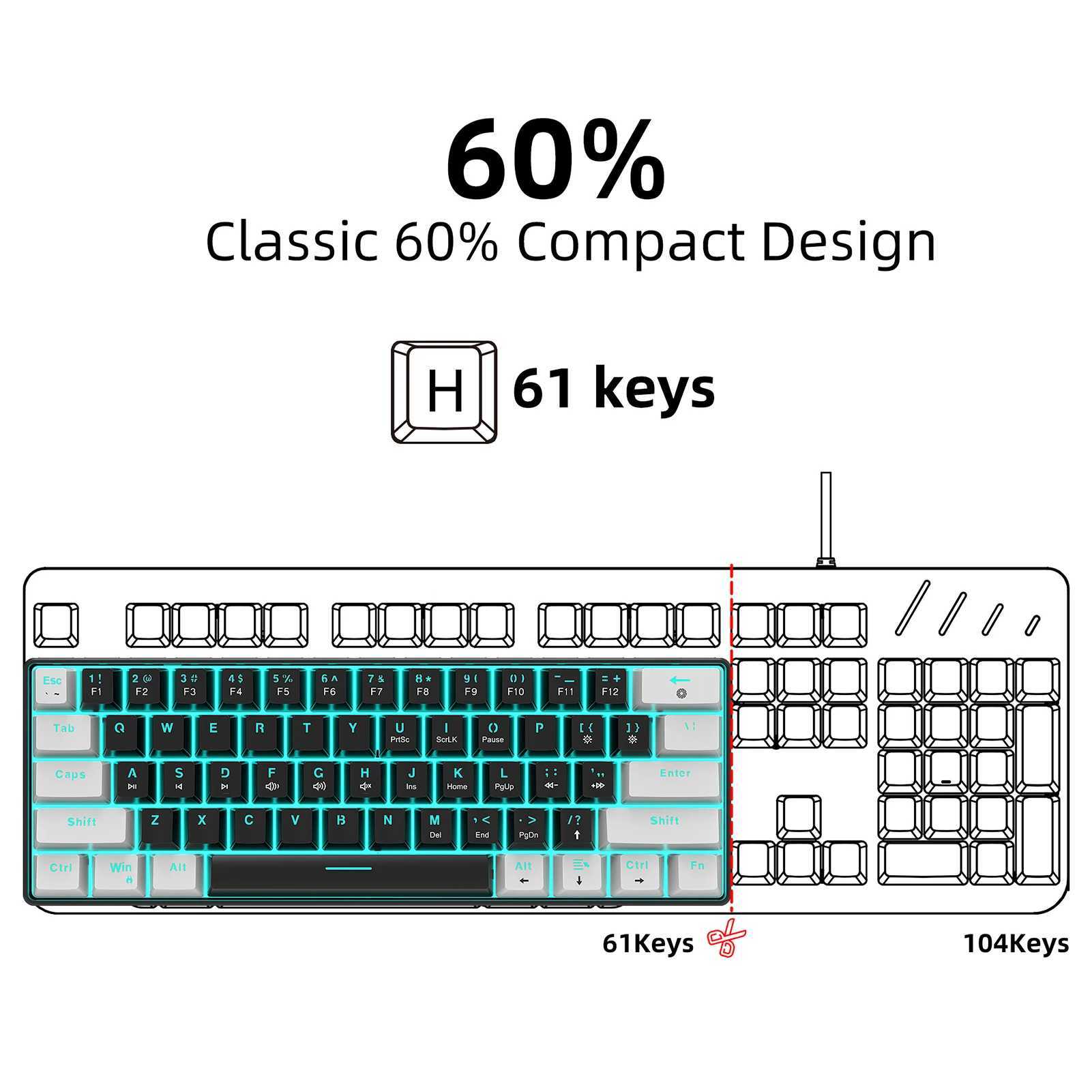 キーボードHXSJ V900 RGBメカニカルキーボード61キーゲームキーボードブルースイッチ耐久性とコンパクトなさまざまな照明モードkeyboardl2404