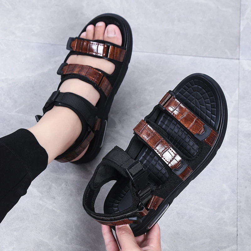 Sandalet Timsah Deri Sandalet Erkekler Yaz Ayakkabıları Konforlu Hava Yastığı Spor Sandalyas Erkek Açık Plaj Zapatillas