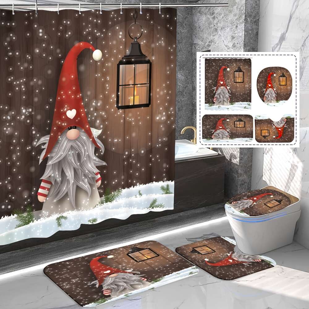 1/Gnome Sets, Non-slip Rugs, Toilet Lid Cover, Gnomes Waterproof Curtain 12 Hooks, Xmas Winter Holiday Shower Curtains with Rug Set for Bathroom, Bathroom