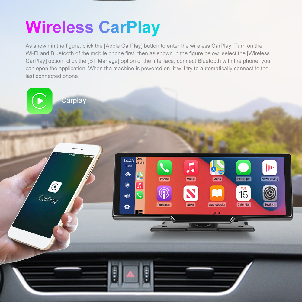 Podofo 10.26 '' Car DVR HD Recordance de conduite Carplay Android Auto Dash Dash Toar Monitor Loop Enregistrement AI VOIX REMARRE CAME CAME