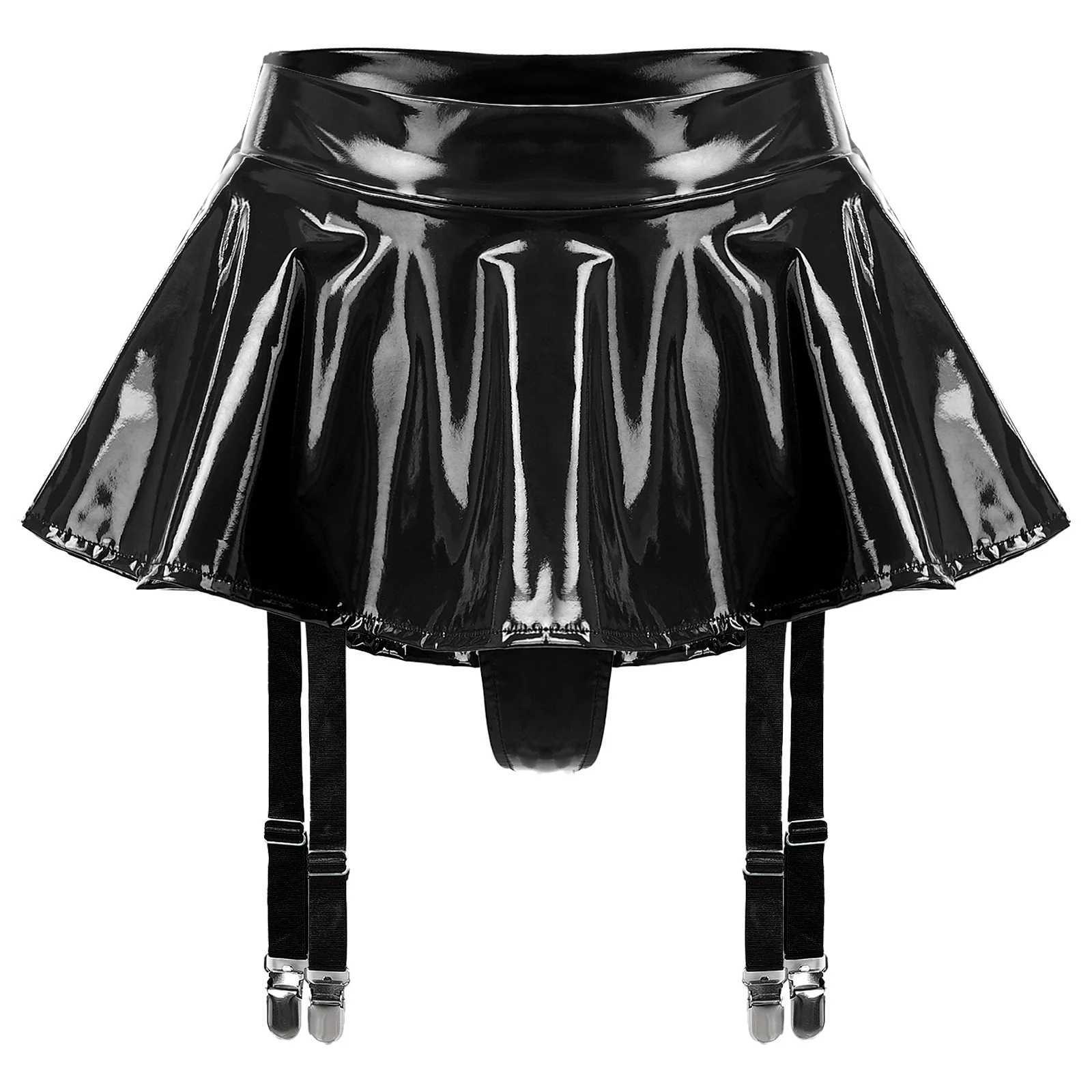 Urban Sexy Dresses Sexy Womens Ruffle Latex Mini Skirt Built-in Thongs Garter Belts Metal Clips Wet Look Patent Leather Lingerie Miniskirt Clubwear 240403