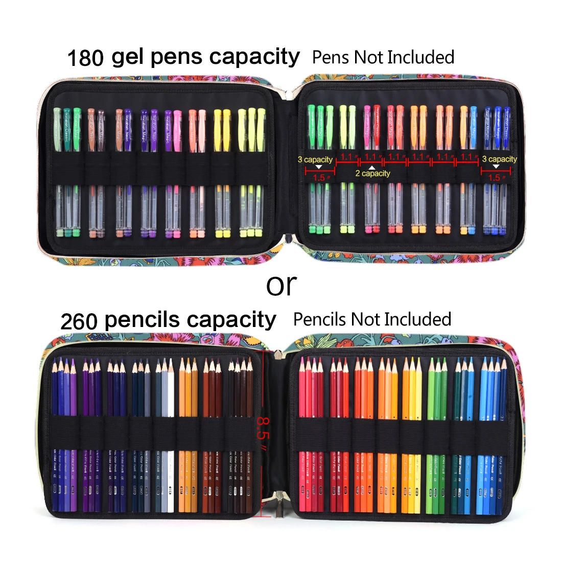Sacs crayon crayon support à talets 260 crayons de couleur / 180 stylos en gel avec fermeture à fermeture éclair / organisateur de grande capacité Campanula