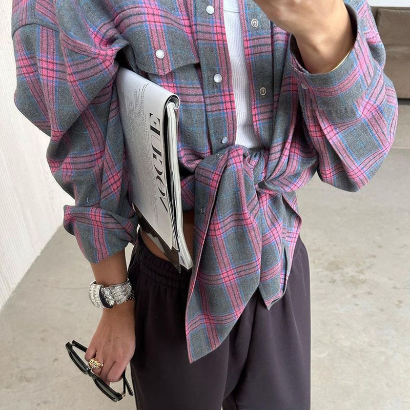 2024 camicia a quadri sovradimensionati donne autunnali a maniche lunghe vintage camicia tasca con tasca con tasca con tasca con lana in stile coreano in stile coreano