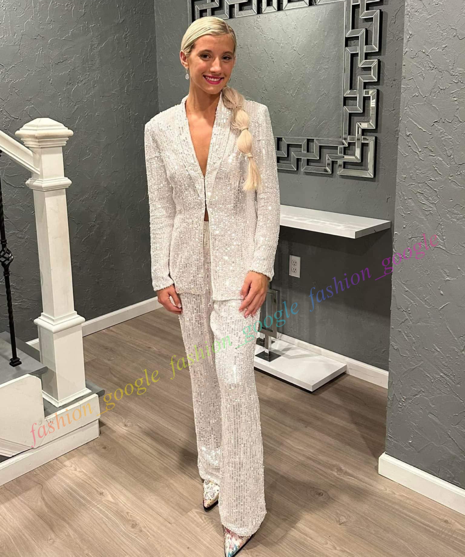 2-Piece Pant Suit Prom Dress Sequin Blazer Jacket Lady Pageant Formal Evening Bridal Special Occasion Gala Red Carpet Runway High Waisted Pants Jumpsuit Romper Gold