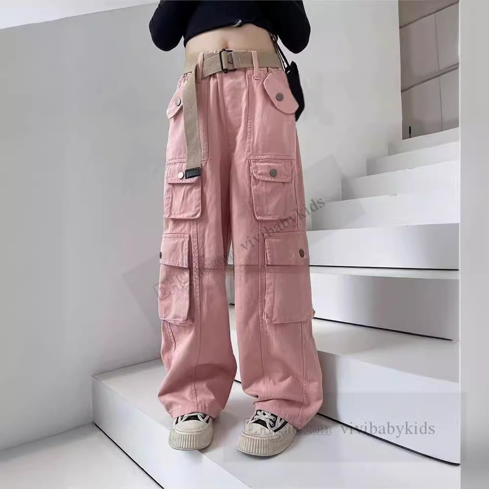 Fashion Teenagers cargo trousers big girls more pocket high waist pants spring old kids loose casual trouser Z7501