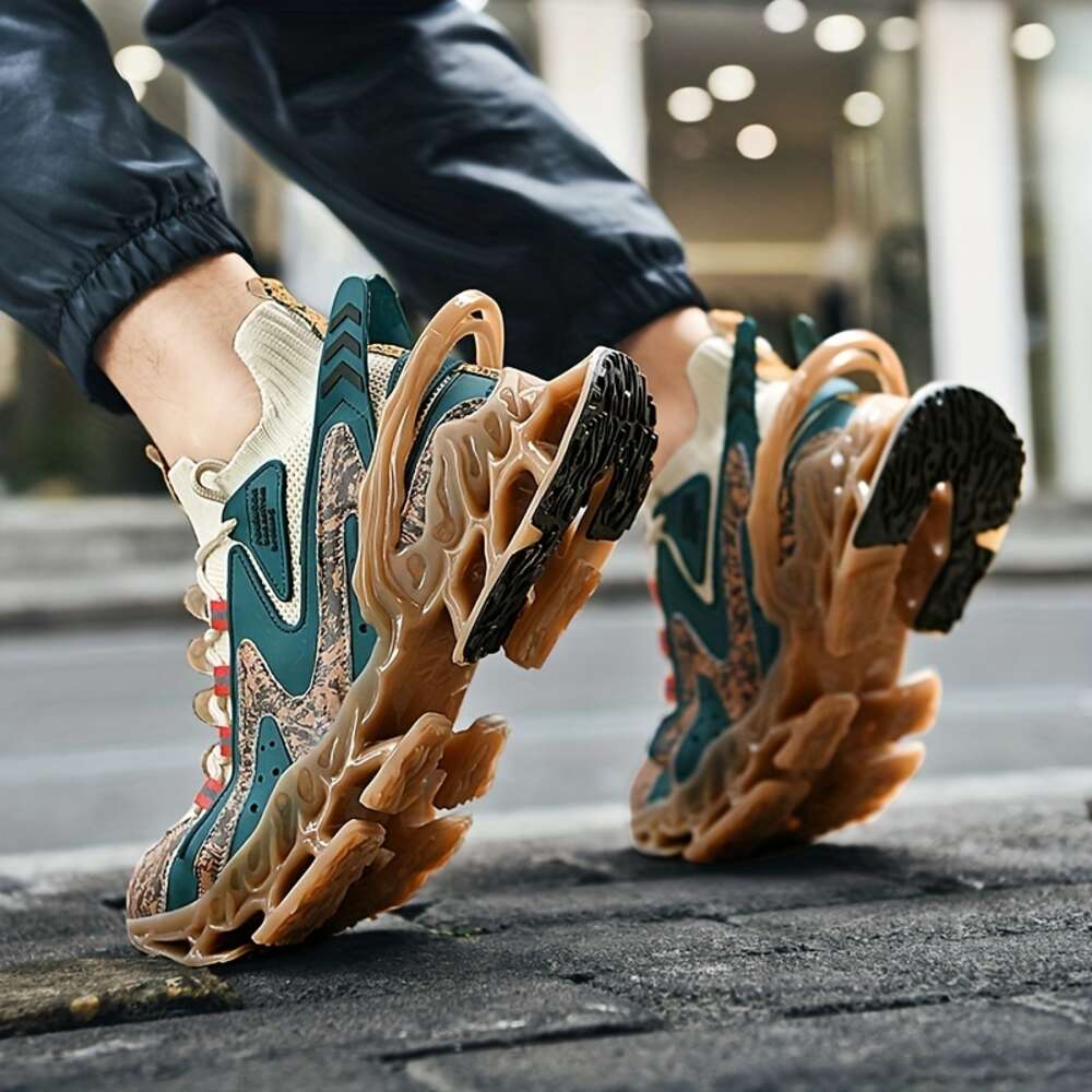 New Men`s Chinese Landscape Blade Sneakers - Trendy Color Block, Lace Up, Assorted Colors, Casual Outdoor Walking Shoes