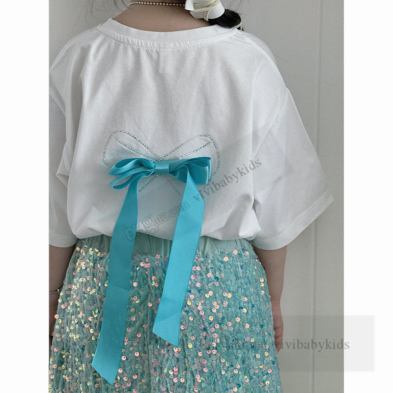 Girls Back Ribbon Bows Applique T-shirts Kids Sequins Princess Jupe 2024 Été Enfants Loose Short à manches Tops Z7496
