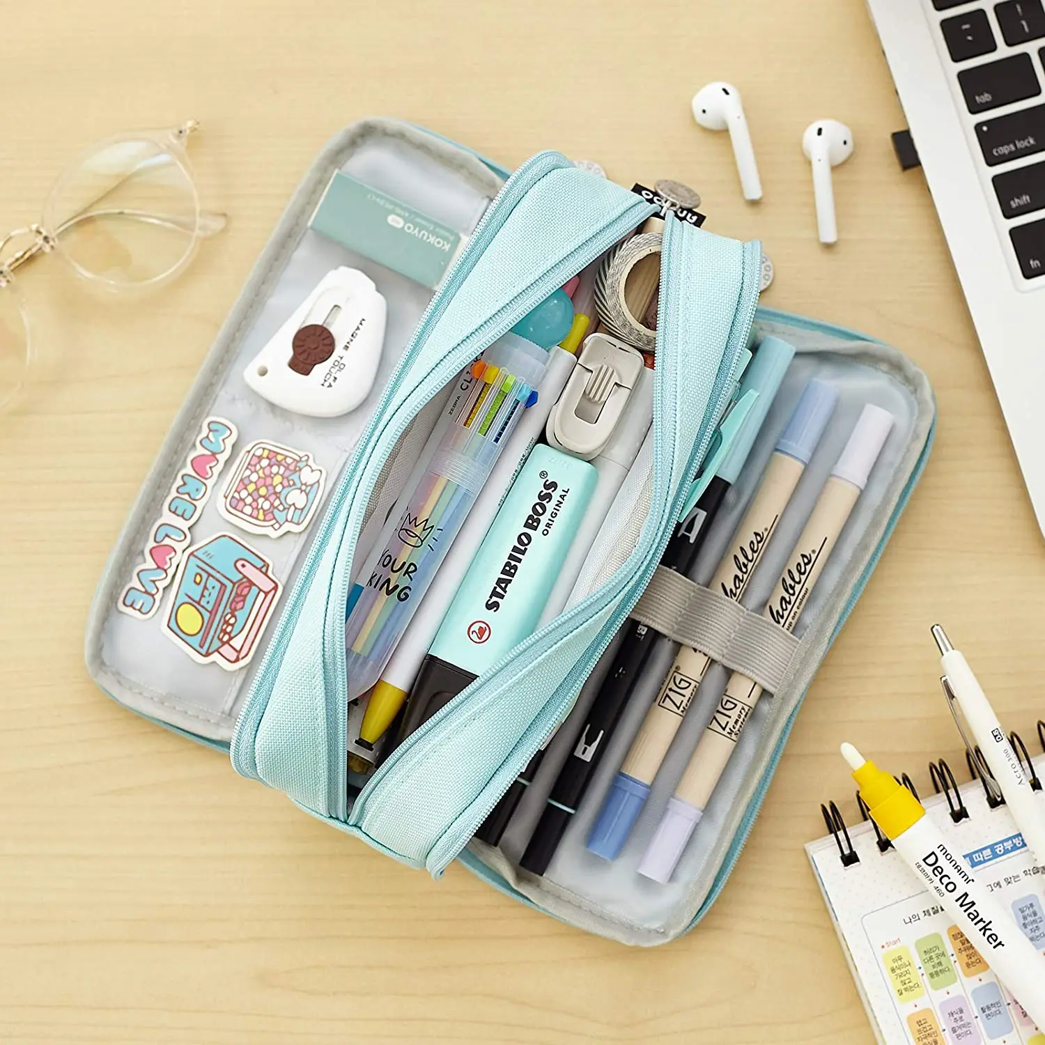 Bags Large Pencil Case Big Capacity 3 Compartments Canvas Pencil Pouch for Teen Boys Girls School Students Blue