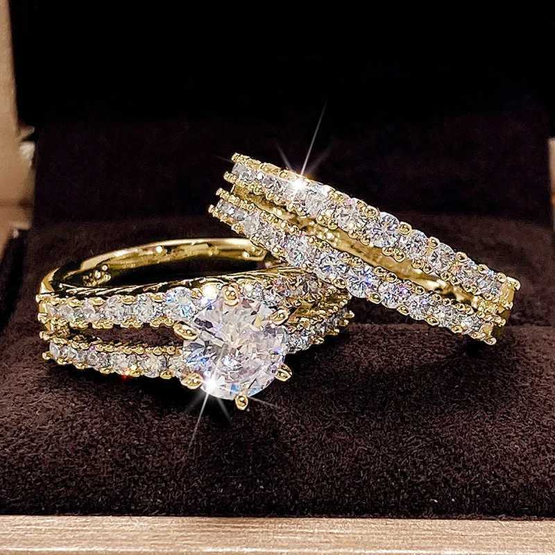 2 -stcs Wedding Rings Huitan Sparkling Set Cubic Zirconia Rings For Women Wedding Engagement Fashion sieraden Luxe trendy vrouwelijke ringen groothandel