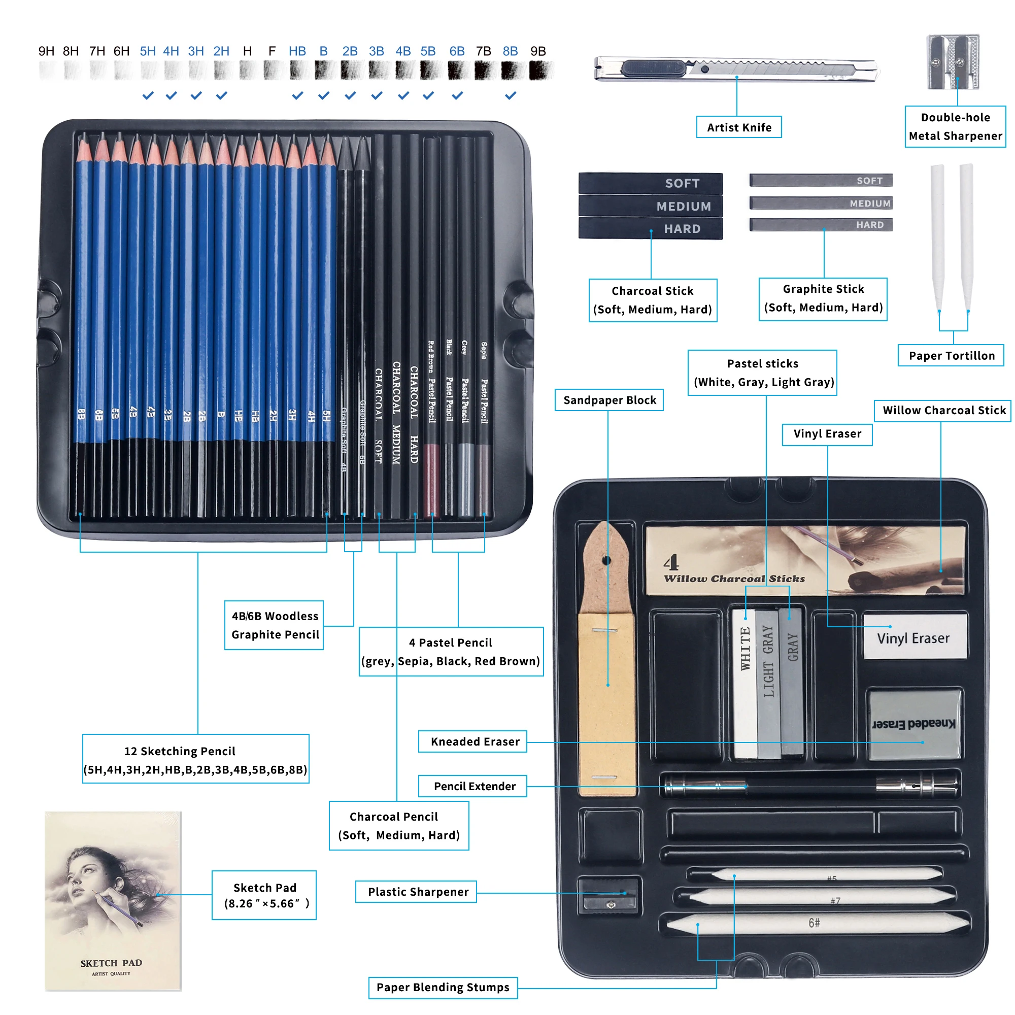 Canetas Esboço de lápis Conjunto de desenho profissional Kit de lápis de madeira para estudantes de escola Pintura ferramenta de arte Painter Gift Presente