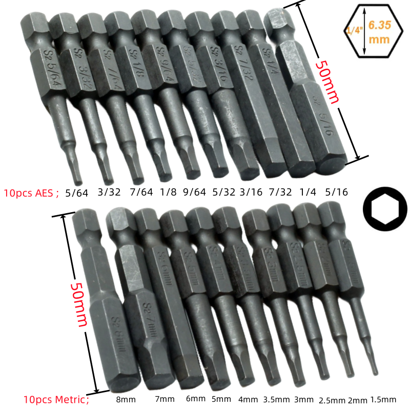 10 st SAE/Metric Hex Head Allen Wrench Borr Bit Set 1/4 